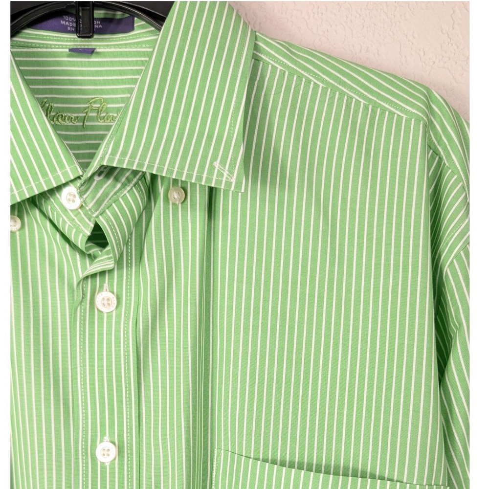 Alan Flusser Button Front Shirt Mens Large Green White Striped Cotton L/S